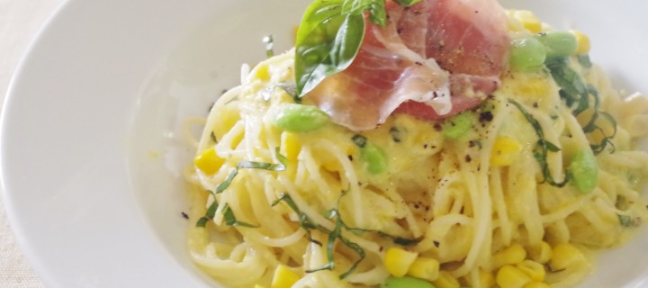 chilled fresh corn puree and prosciutto pasta with basil2